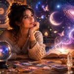 Femme songeuse dans un univers ésotérique entourée de cartes de tarot, cristaux, bougies et livres anciens, explorant les mystères du paranormal et de l'intuition