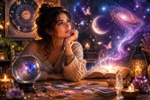 Femme songeuse dans un univers ésotérique entourée de cartes de tarot, cristaux, bougies et livres anciens, explorant les mystères du paranormal et de l'intuition